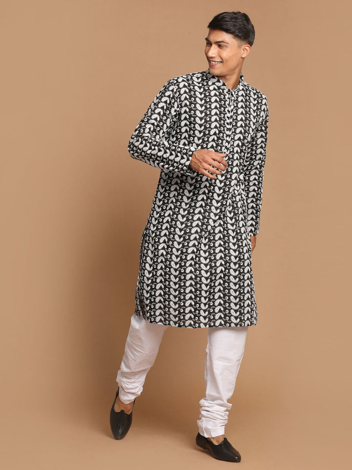 Sarvati Men's Black Pure Cotton Chikankari Kurta Pyjama Set