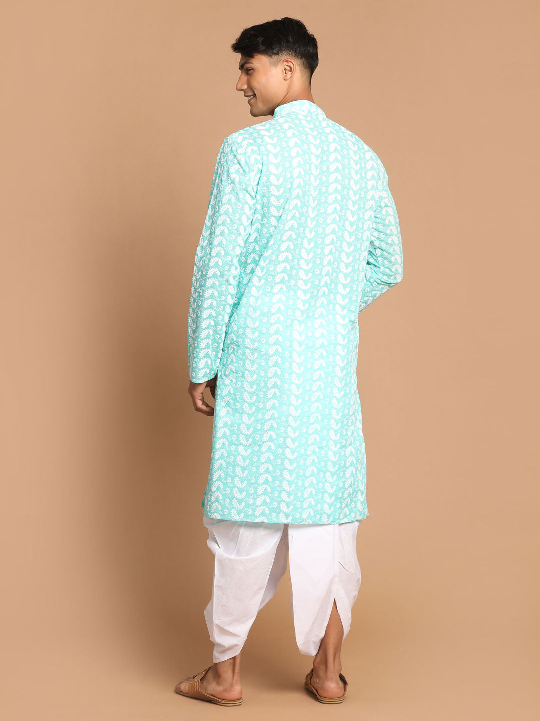 Sarvati Men's Green Pure Cotton Chikankari Kurta With Dhoti set