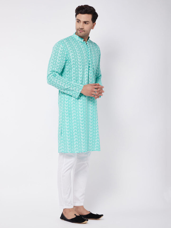 Sarvati Men's Green Pure Cotton Chikankari Kurta With Pant Set