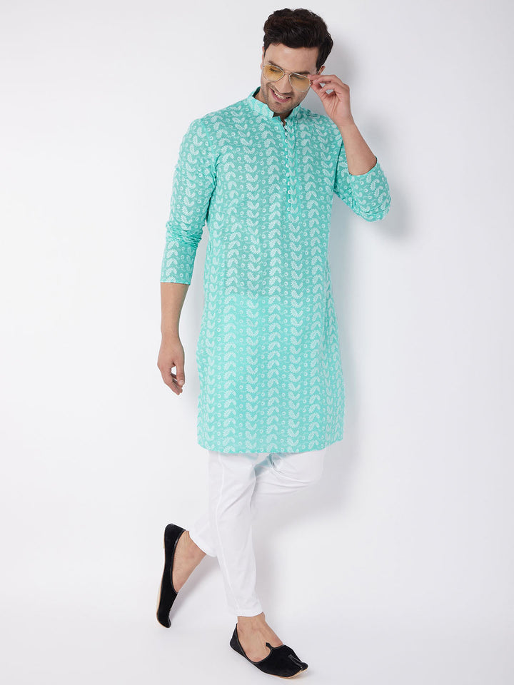 Sarvati Men's Green Pure Cotton Chikankari Kurta With Pant Set