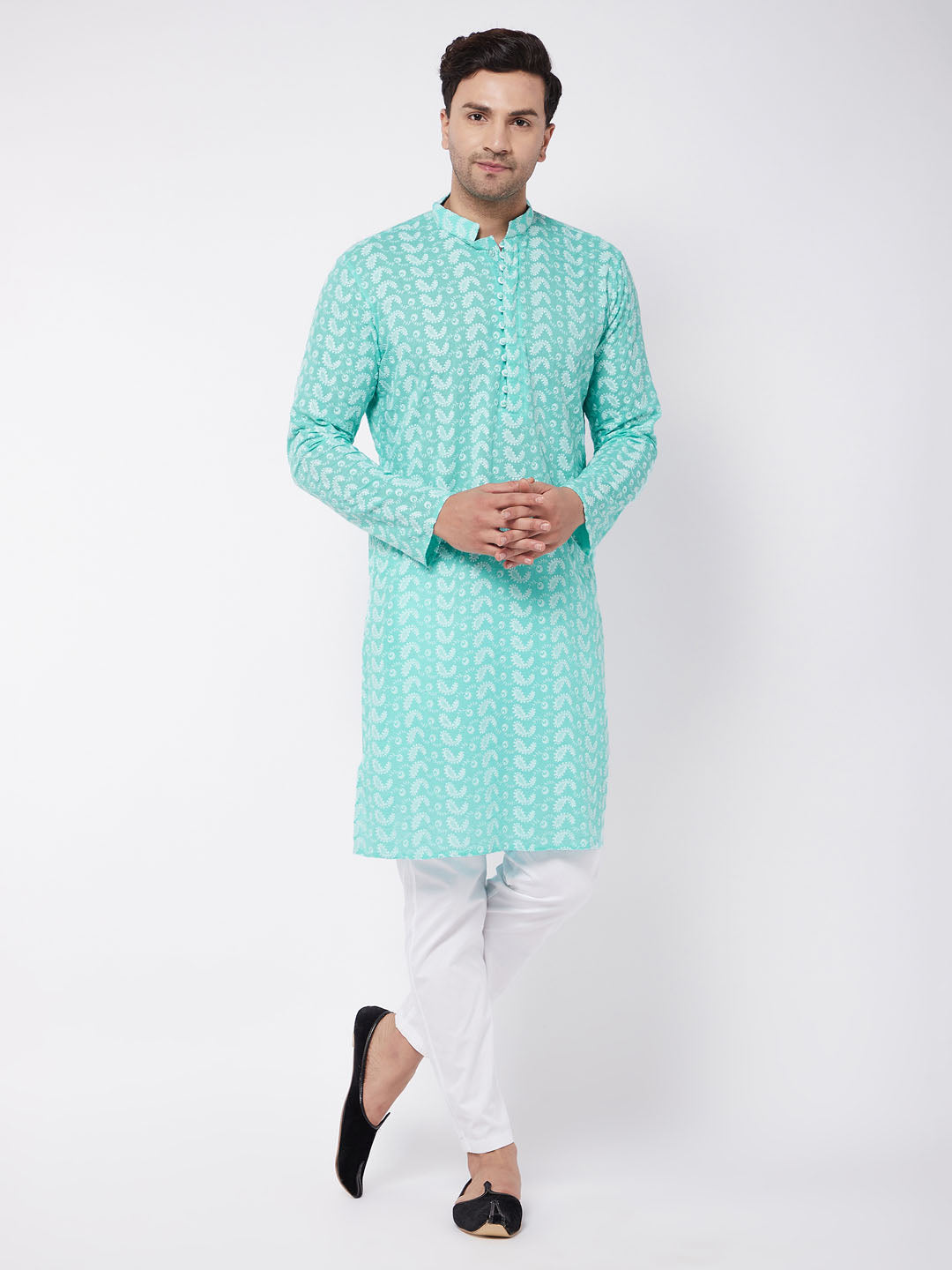 Sarvati Men's Green Pure Cotton Chikankari Kurta With Pant set