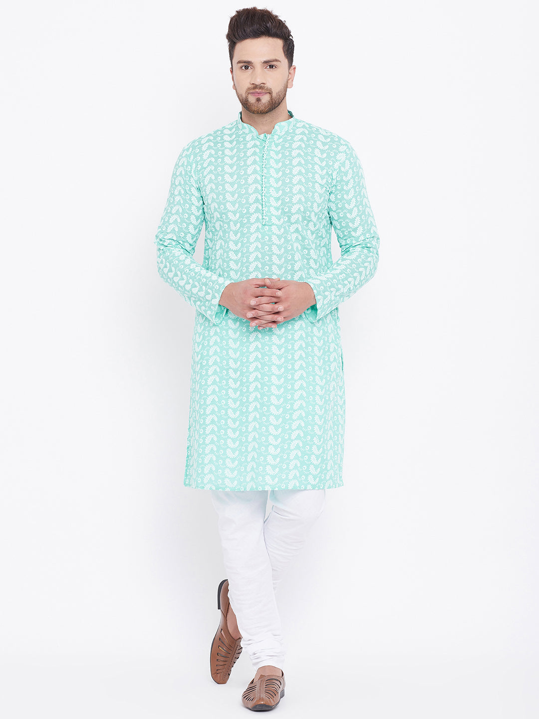 Sarvati Men's Green Pure Cotton Chikankari Kurta Pyjama Set