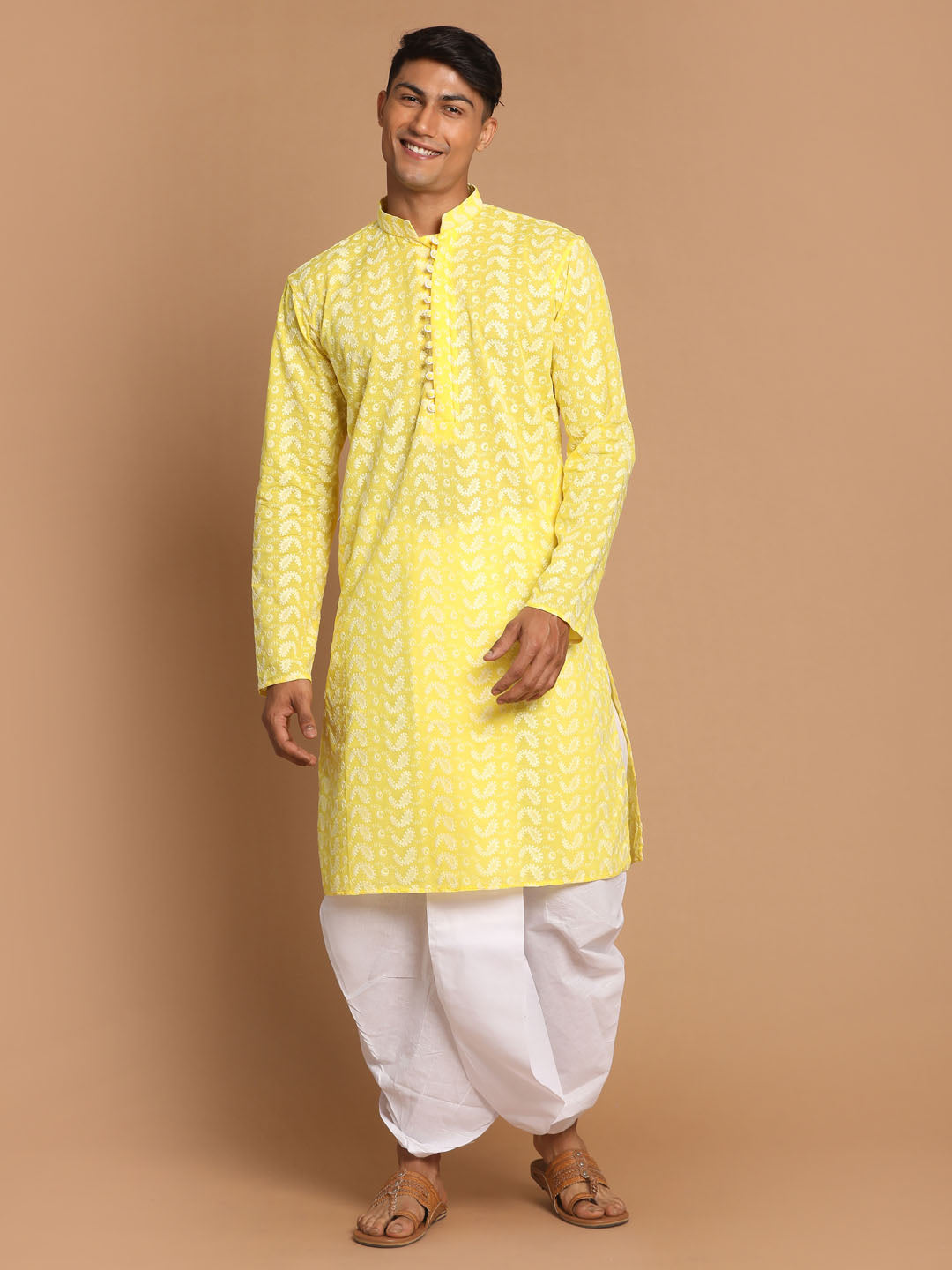 Sarvati Men's Mustard Pure Cotton Chikankari Kurta With Dhoti set