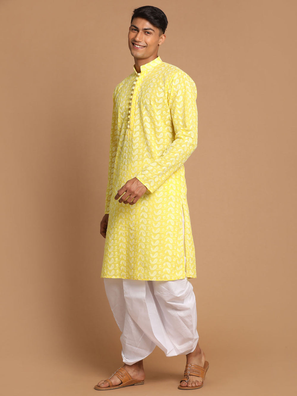 Sarvati Men's Mustard Pure Cotton Chikankari Kurta With Dhoti set