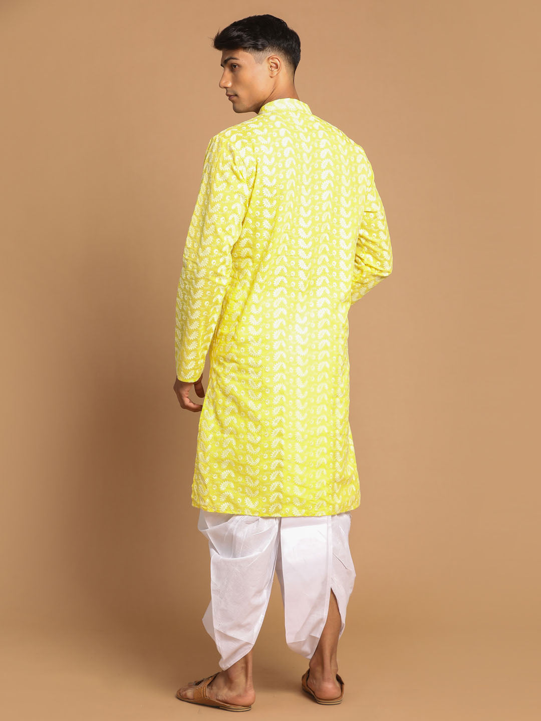 Sarvati Men's Mustard Pure Cotton Chikankari Kurta With Dhoti set