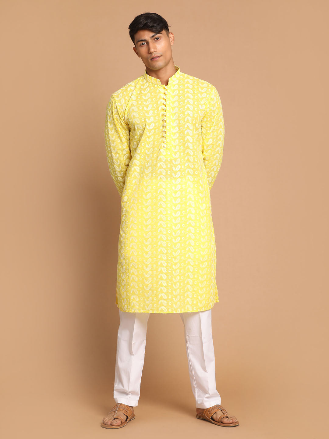 Sarvati Men's Mustard Pure Cotton Chikankari Kurta With Pant set