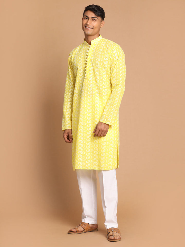 Sarvati Men's Mustard Pure Cotton Chikankari Kurta With Pant set