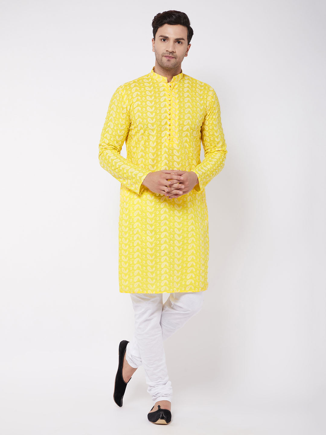 Sarvati Men's Mustard Pure Cotton Chikankari Kurta Pyjama Set