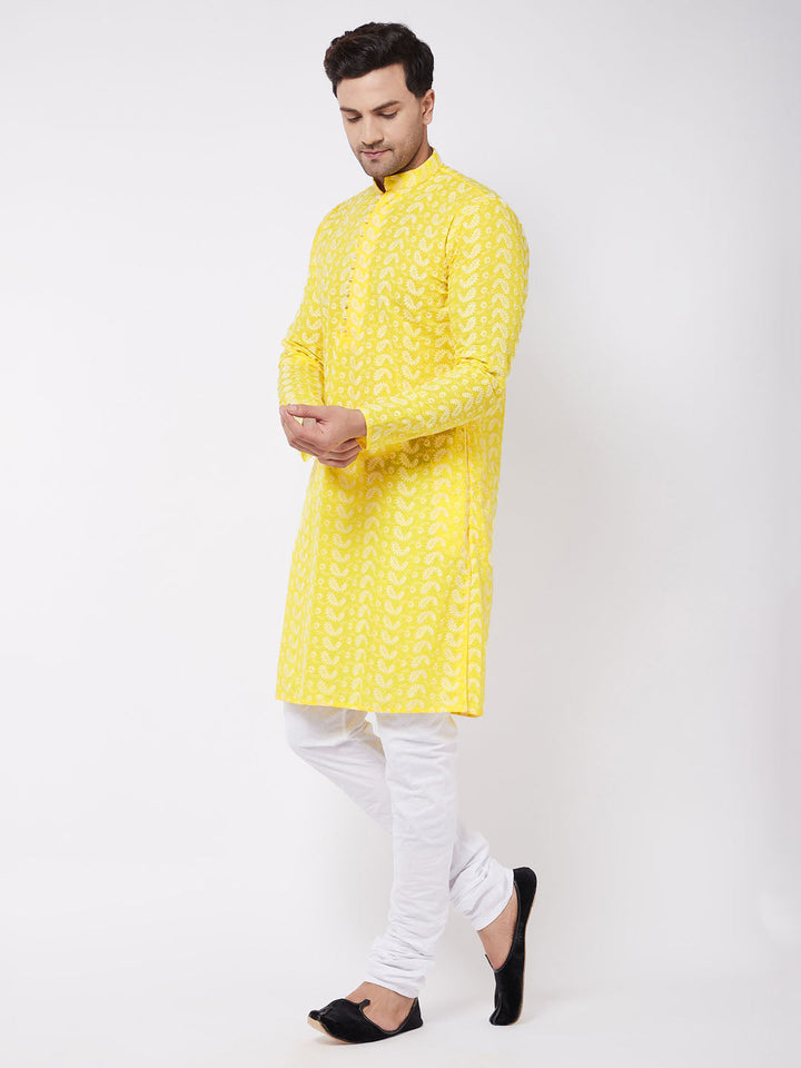 Sarvati Men's Mustard Pure Cotton Chikankari Kurta Pyjama Set