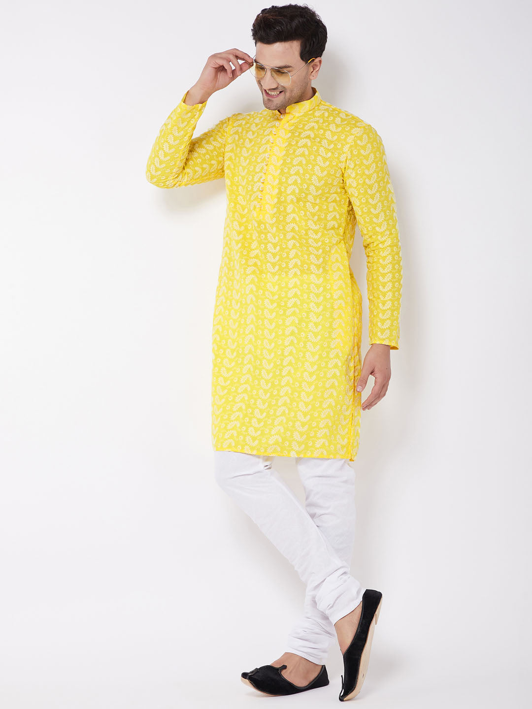 Sarvati Men's Mustard Pure Cotton Chikankari Kurta Pyjama Set