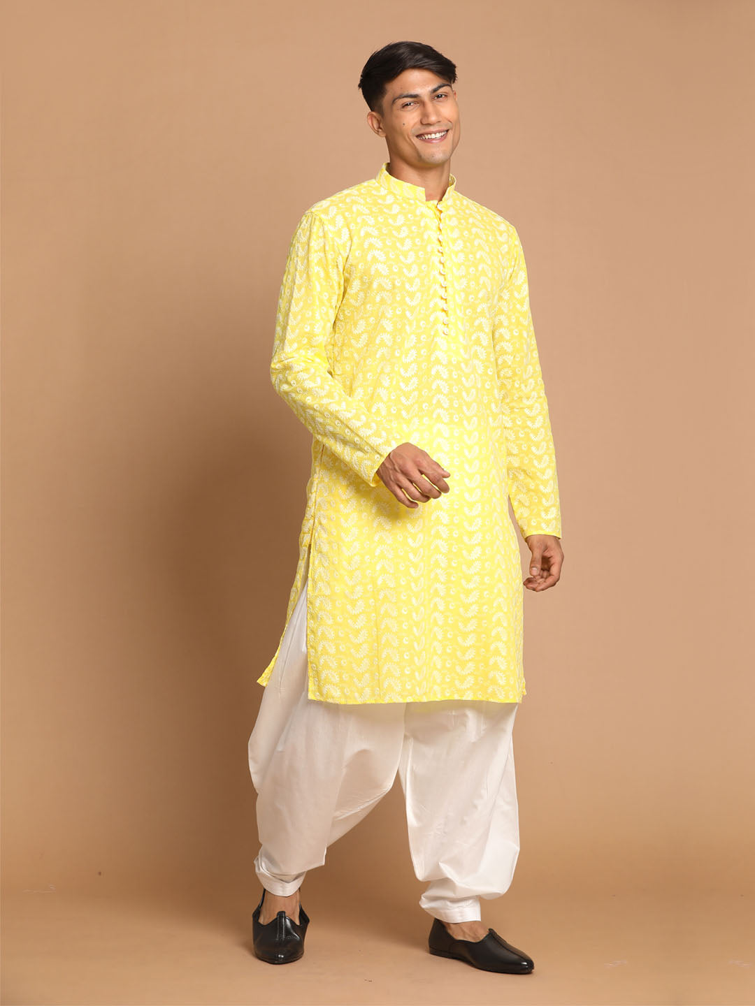 Sarvati Men's Mustard Pure Cotton Chikankari Kurta With Patiala set