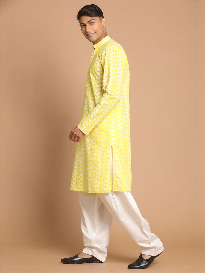 Sarvati Men's Mustard Pure Cotton Chikankari Kurta With Patiala set