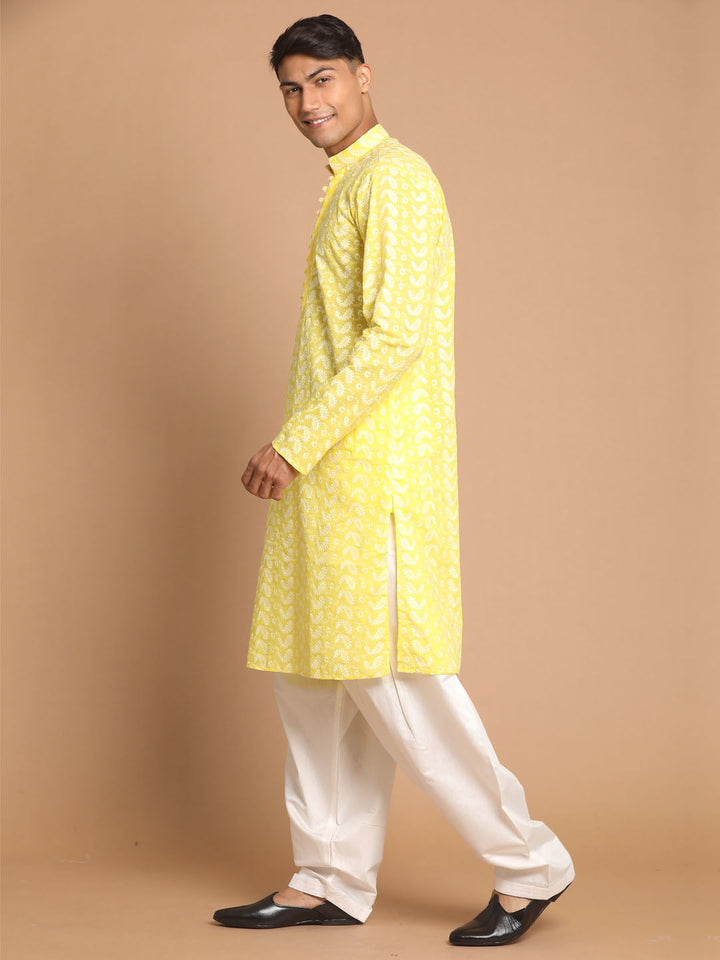 Men's Mustard Pure Cotton Chikankari Kurta With Patiala Set