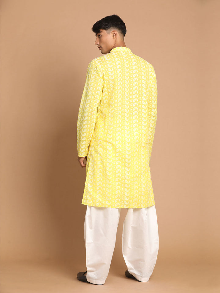 Sarvati Men's Mustard Pure Cotton Chikankari Kurta With Patiala set