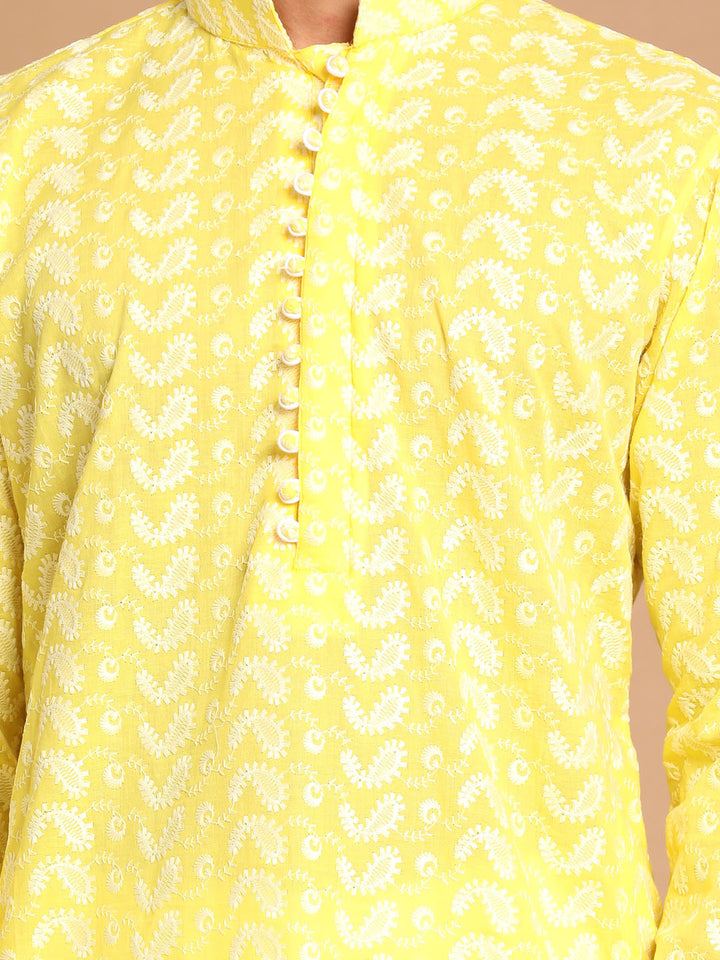 Men's Mustard Pure Cotton Chikankari Kurta With Patiala Set