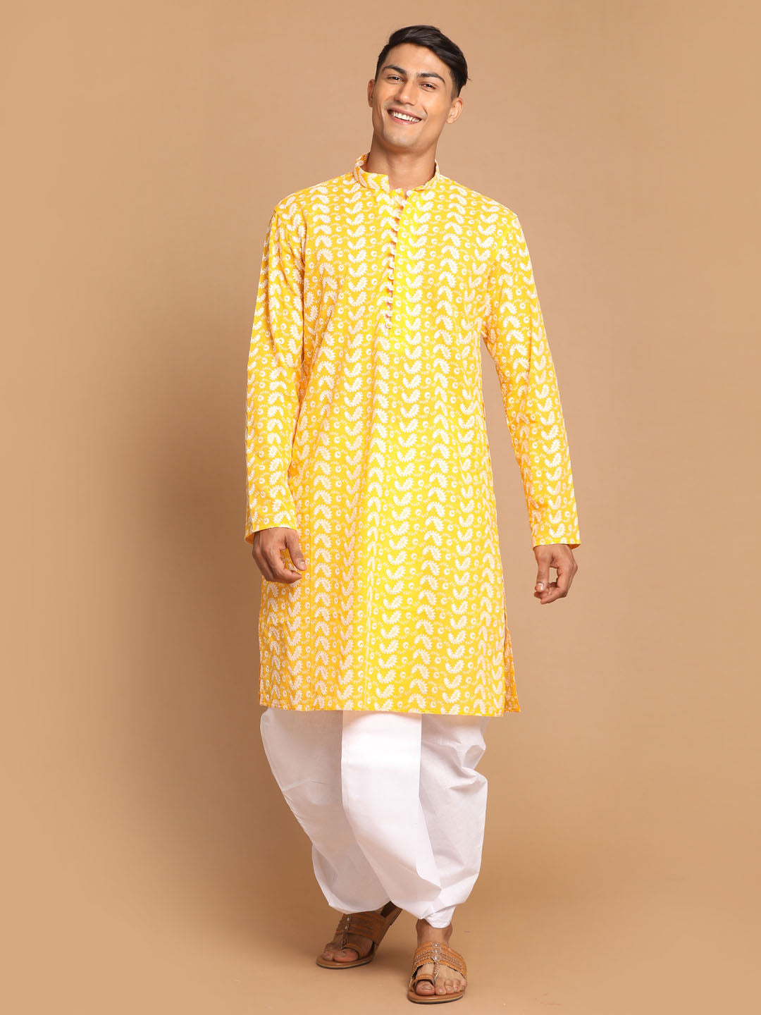 Sarvati Men's Orange Pure Cotton Chikankari Kurta With Dhoti set