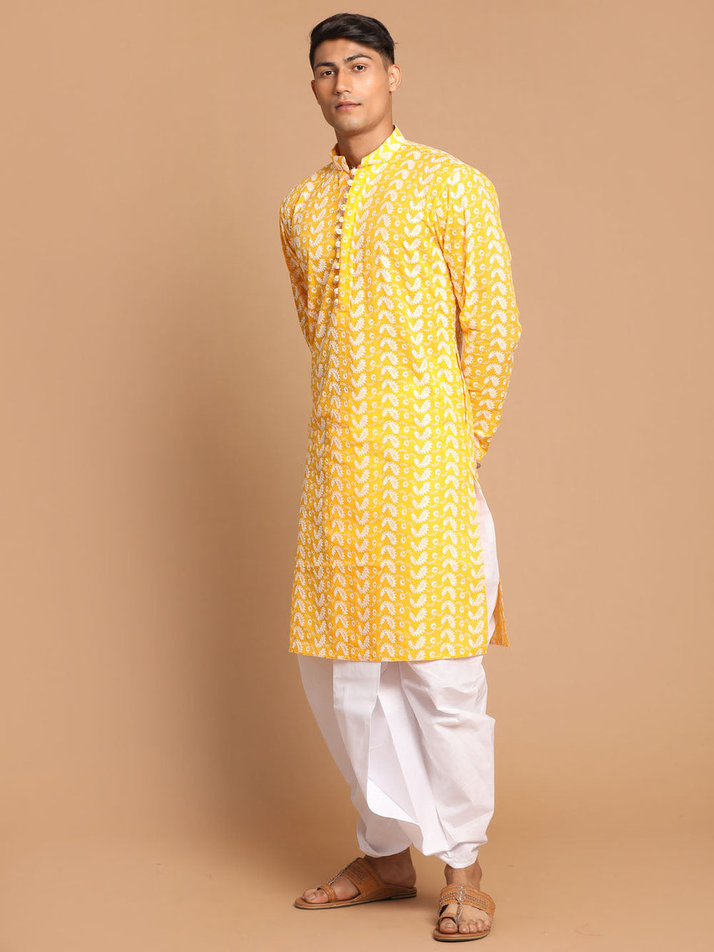 Sarvati Men's Orange Pure Cotton Chikankari Kurta With Dhoti set