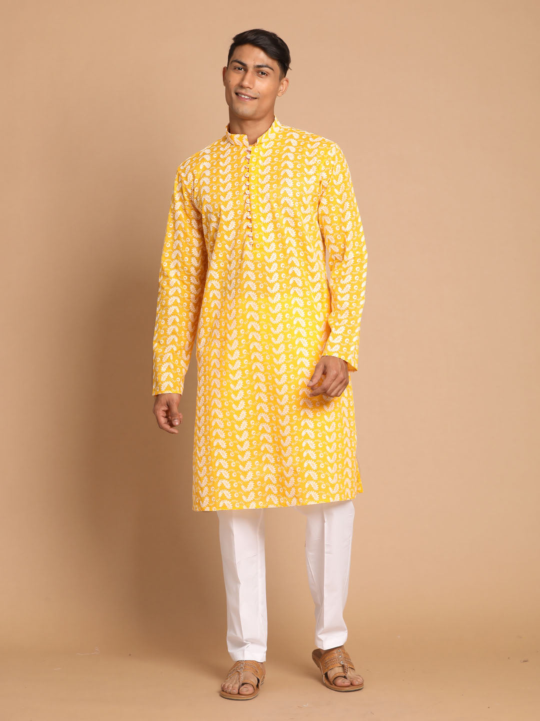 Sarvati Men's Orange Pure Cotton Chikankari Kurta With Pant set