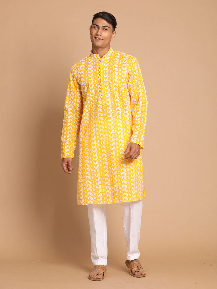 Sarvati Men's Orange Pure Cotton Chikankari Kurta With Pant set