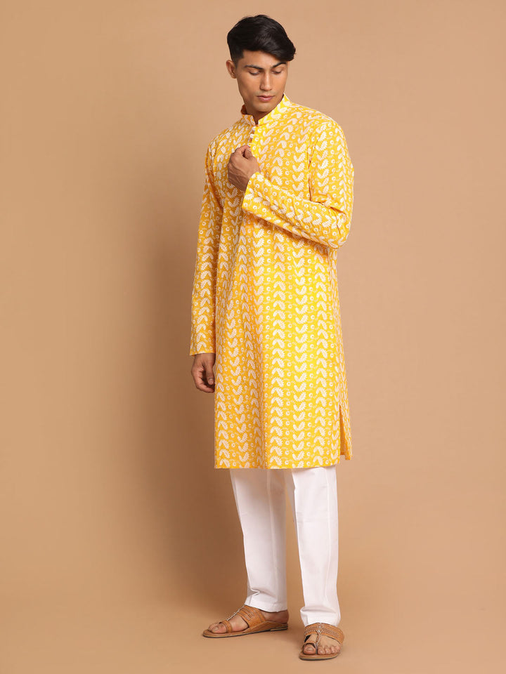 Sarvati Men's Orange Pure Cotton Chikankari Kurta With Pant set