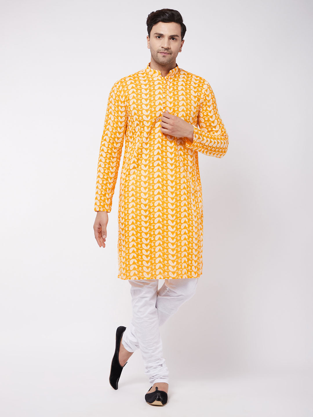 Sarvati Men's Orange Pure Cotton Chikankari Kurta Pyjama Set