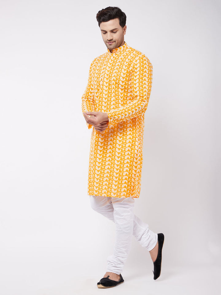 Sarvati Men's Orange Pure Cotton Chikankari Kurta Pyjama Set