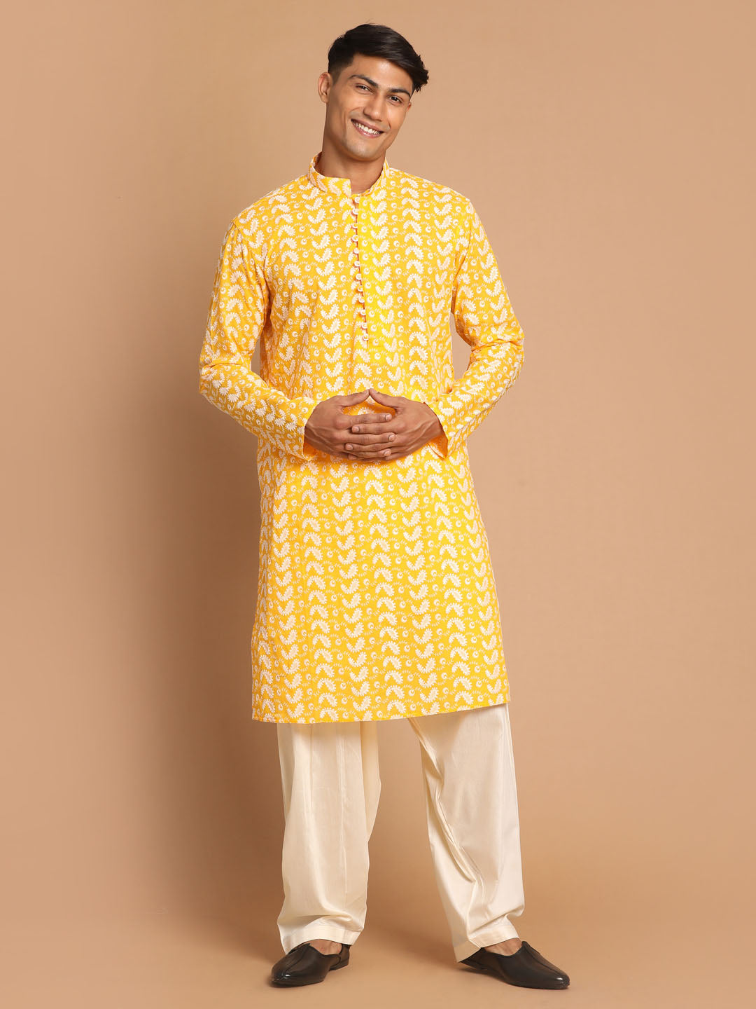 Sarvati Men's Orange Pure Cotton Chikankari Kurta With Patiala set