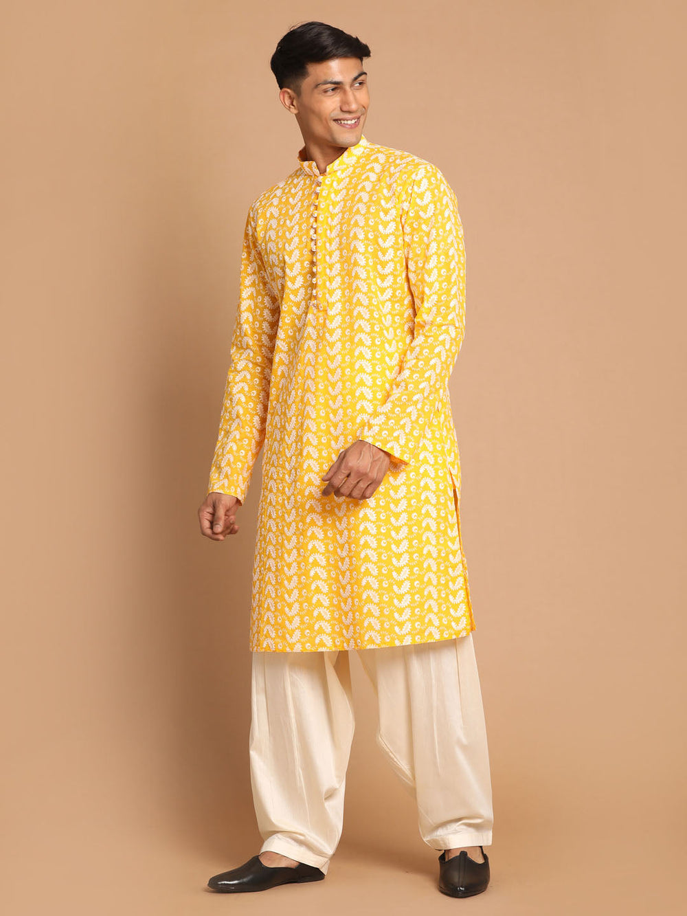 Sarvati Men's Orange Pure Cotton Chikankari Kurta With Patiala set