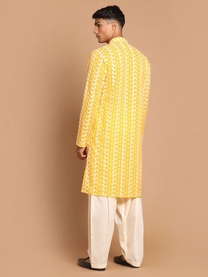 Sarvati Men's Orange Pure Cotton Chikankari Kurta With Patiala set