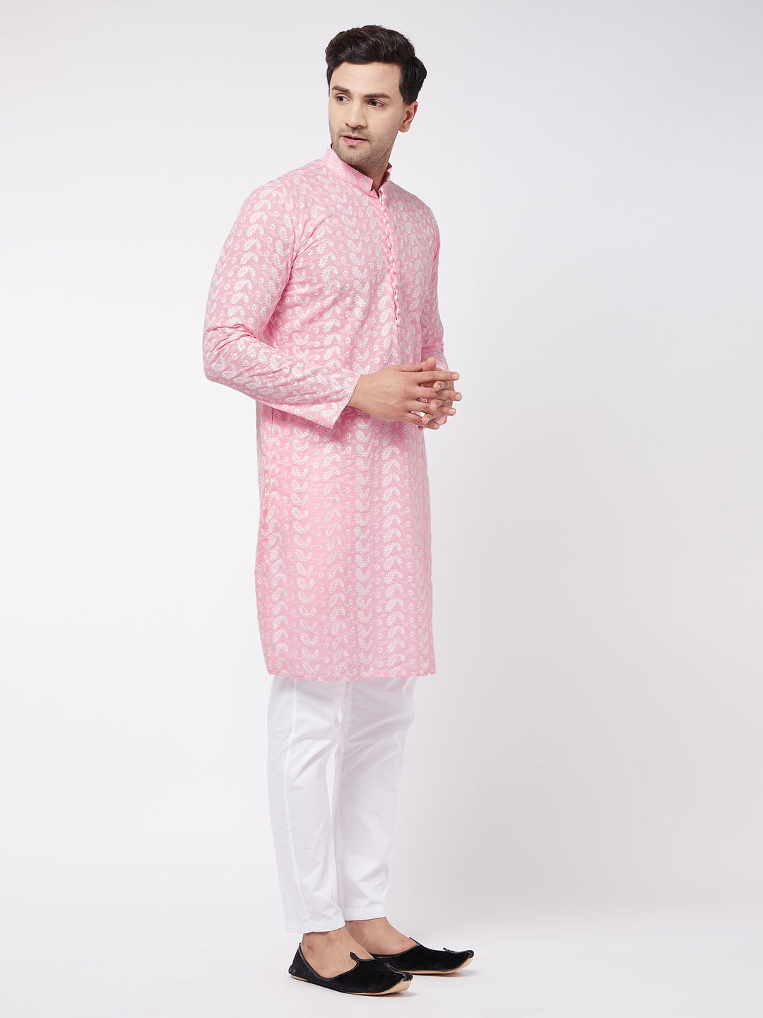 Sarvati Men's Pink Pure Cotton Chikankari Kurta With Pant Set