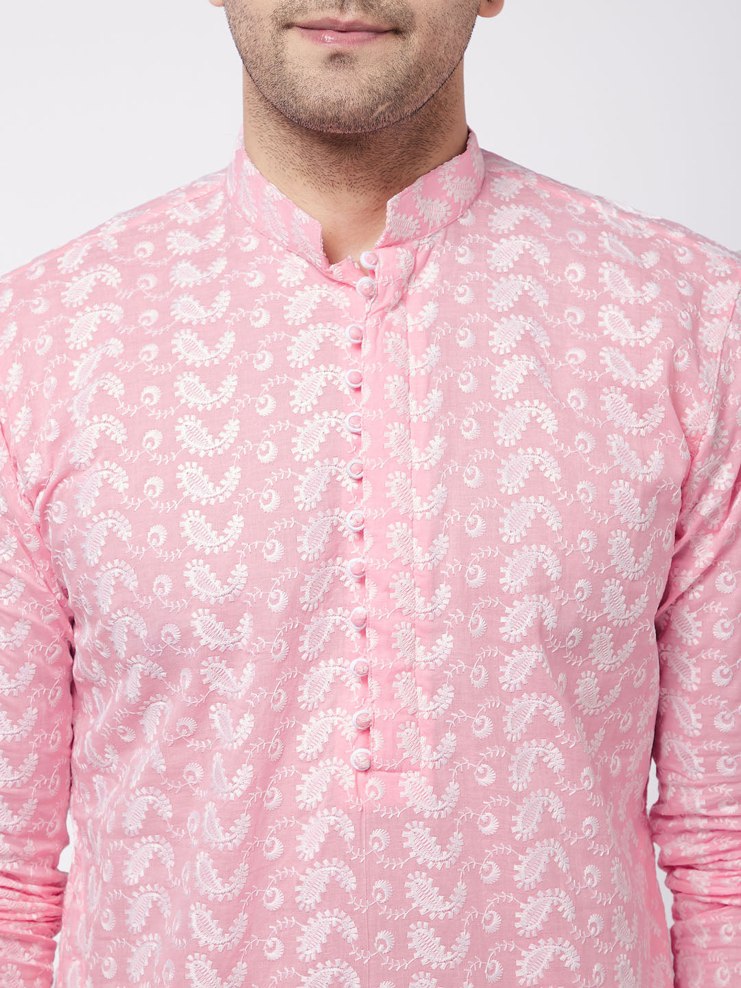 Sarvati Men's Pink Pure Cotton Chikankari Kurta With Pant Set