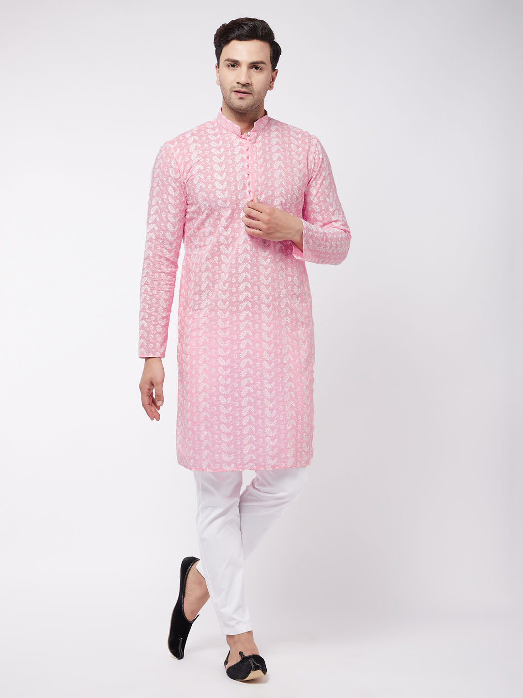 Sarvati Men's Pink Pure Cotton Chikankari Kurta With Pant set