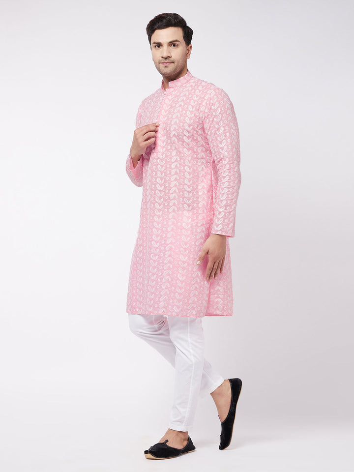 Sarvati Men's Pink Pure Cotton Chikankari Kurta With Pant set