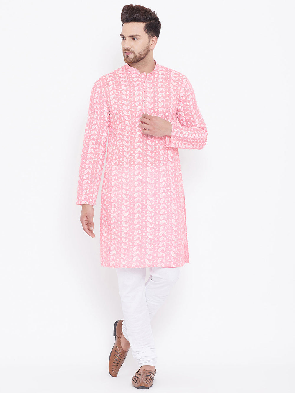 Sarvati Men's Pink Pure Cotton Chikankari Kurta Pyjama Set