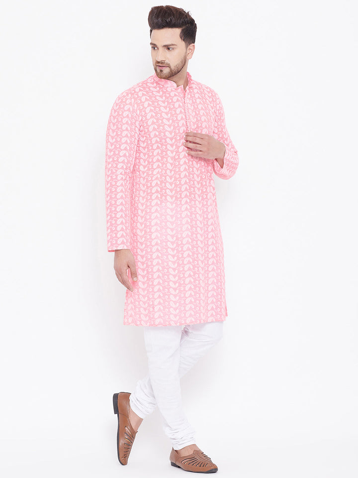 Sarvati Men's Pink Pure Cotton Chikankari Kurta Pyjama Set