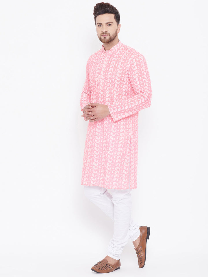 Sarvati Men's Pink Pure Cotton Chikankari Kurta Pyjama Set