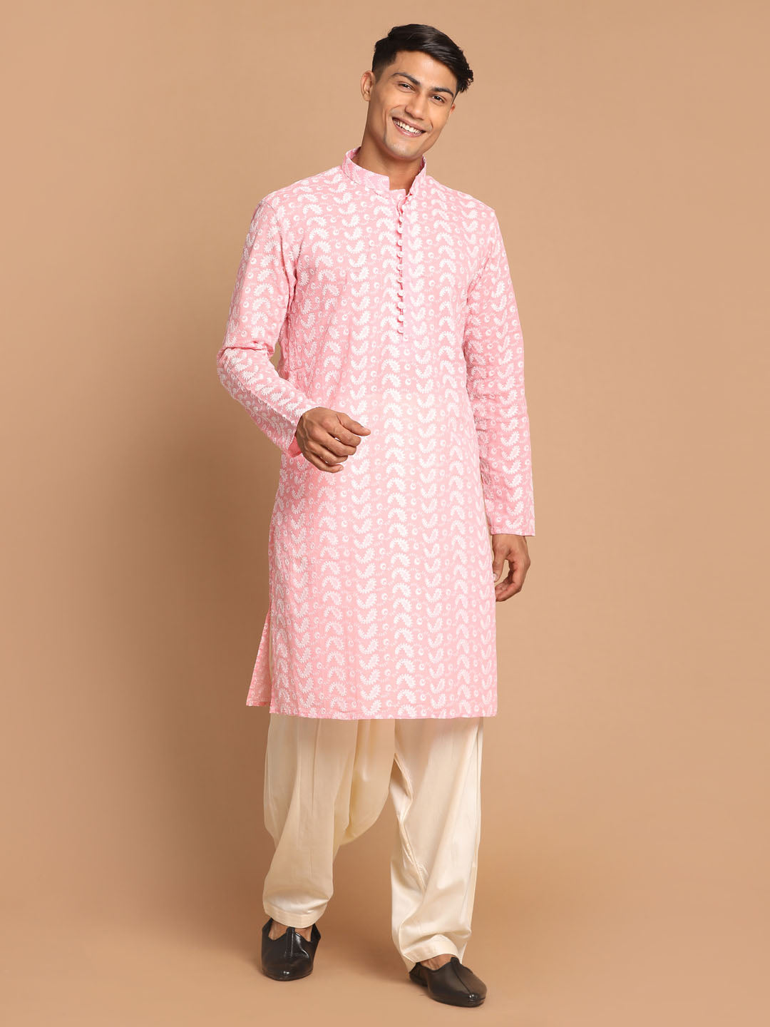 Sarvati Men's Pink Pure Cotton Chikankari Kurta With Patiala set