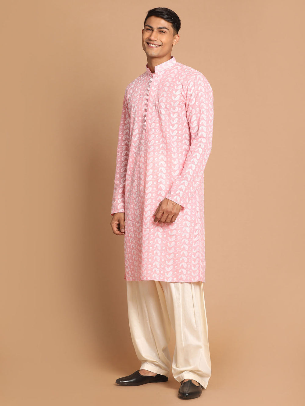 Sarvati Men's Pink Pure Cotton Chikankari Kurta With Patiala set