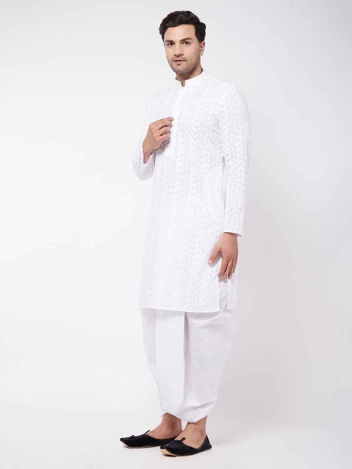 Sarvati Men's White Pure Cotton Chikankari Kurta With Dhoti Set