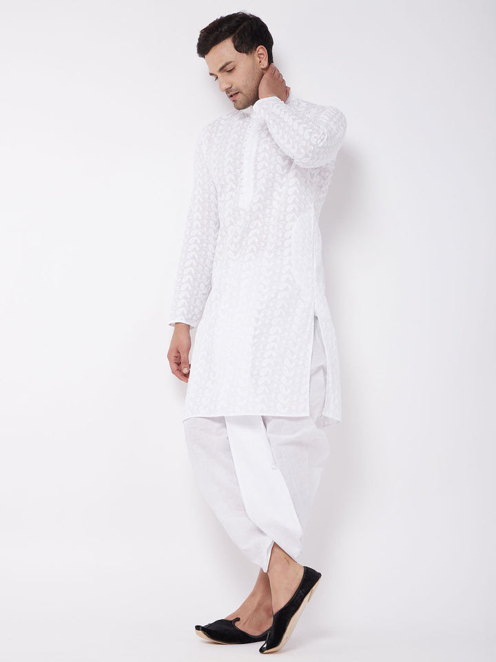 Sarvati Men's White Pure Cotton Chikankari Kurta With Dhoti Set