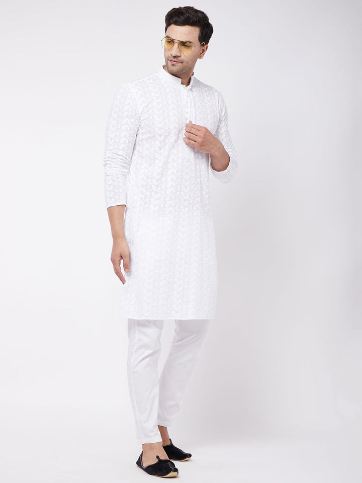 Sarvati Men's White Pure Cotton Chikankari Kurta With Pant Set