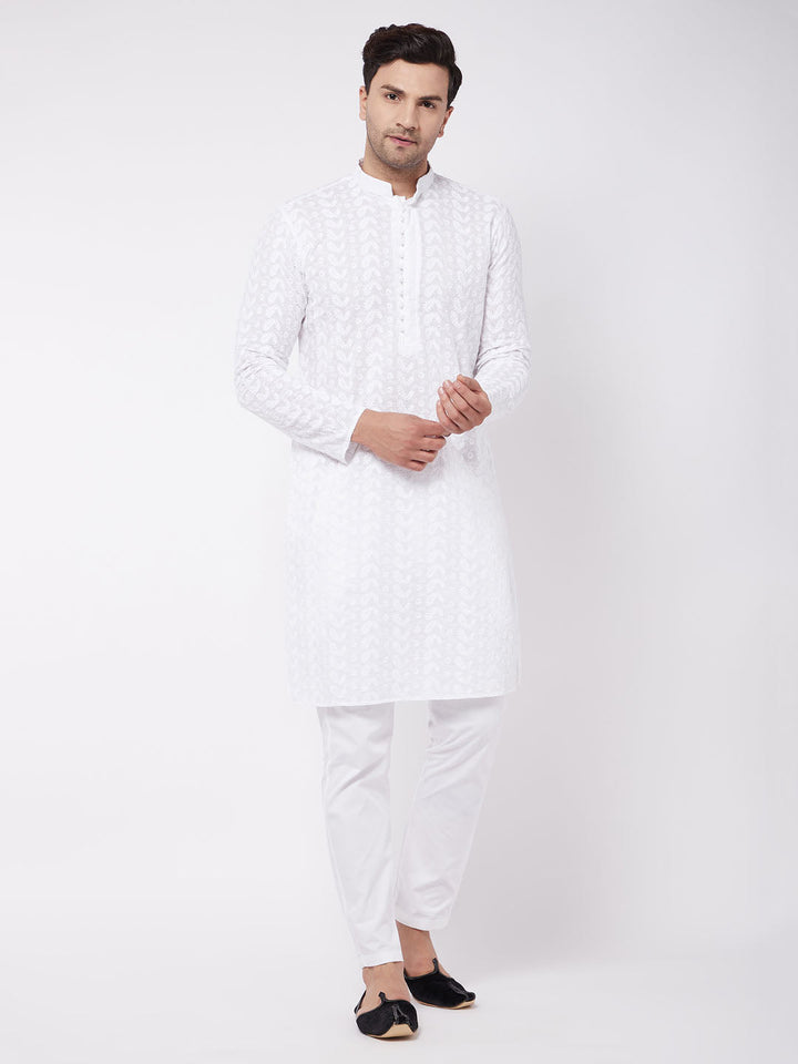 Sarvati Men's White Pure Cotton Chikankari Kurta With Pant set