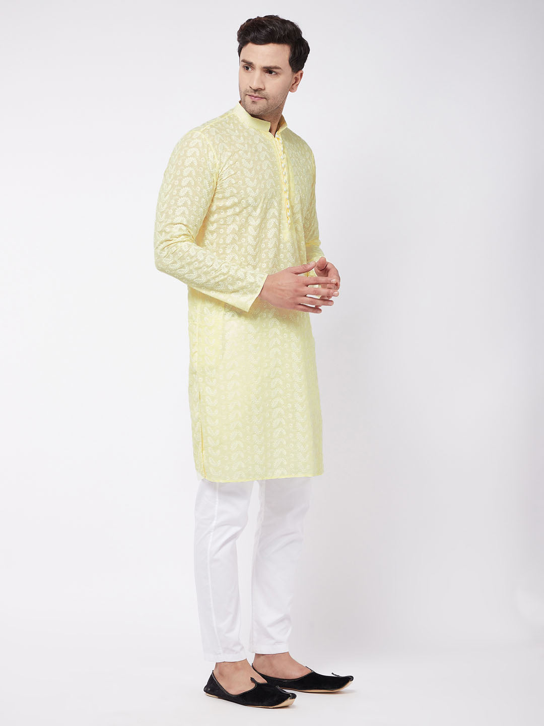 Sarvati Men's Yellow Pure Cotton Chikankari Kurta With Pant Set