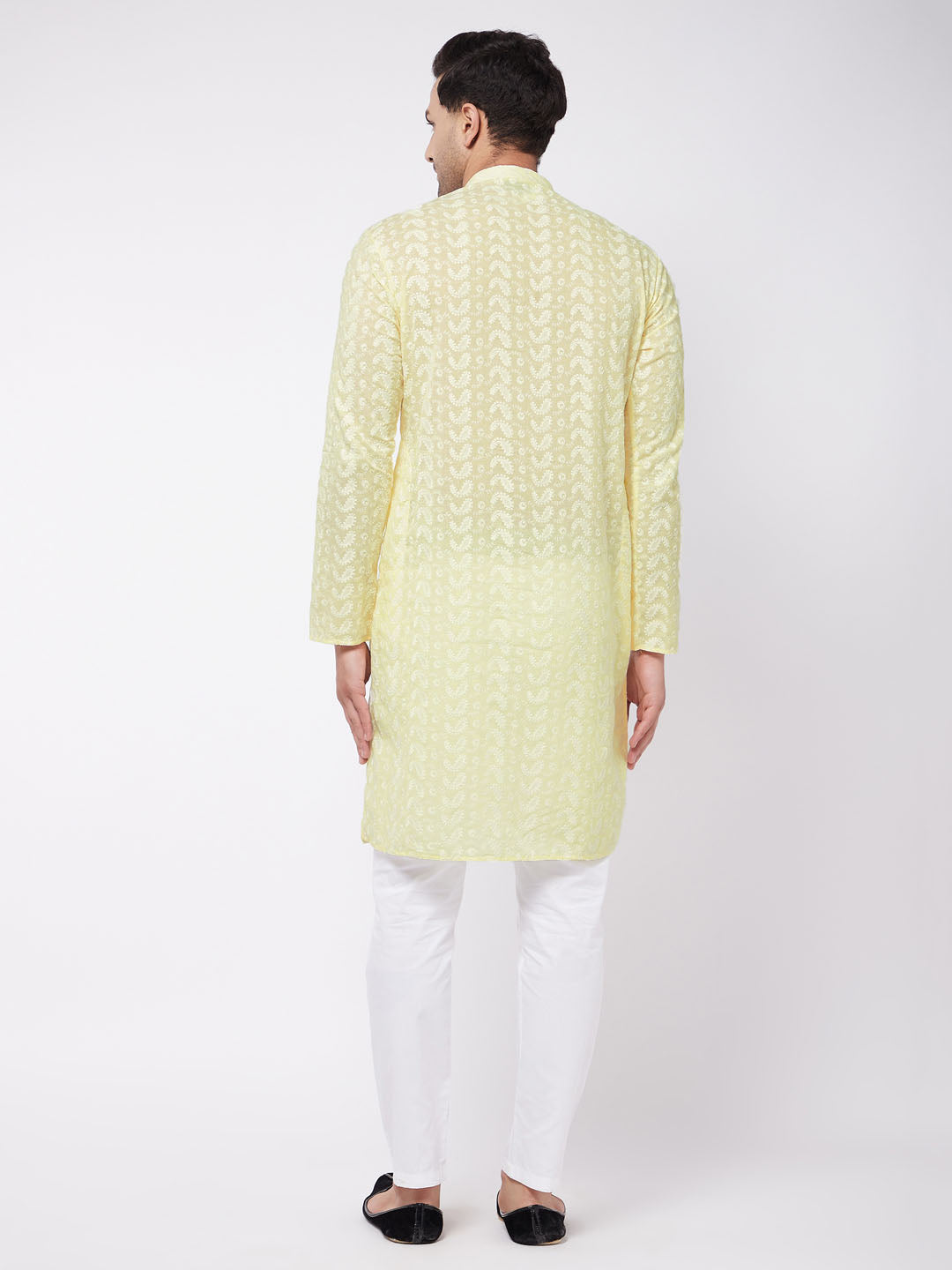 Sarvati Men's Yellow Pure Cotton Chikankari Kurta With Pant Set