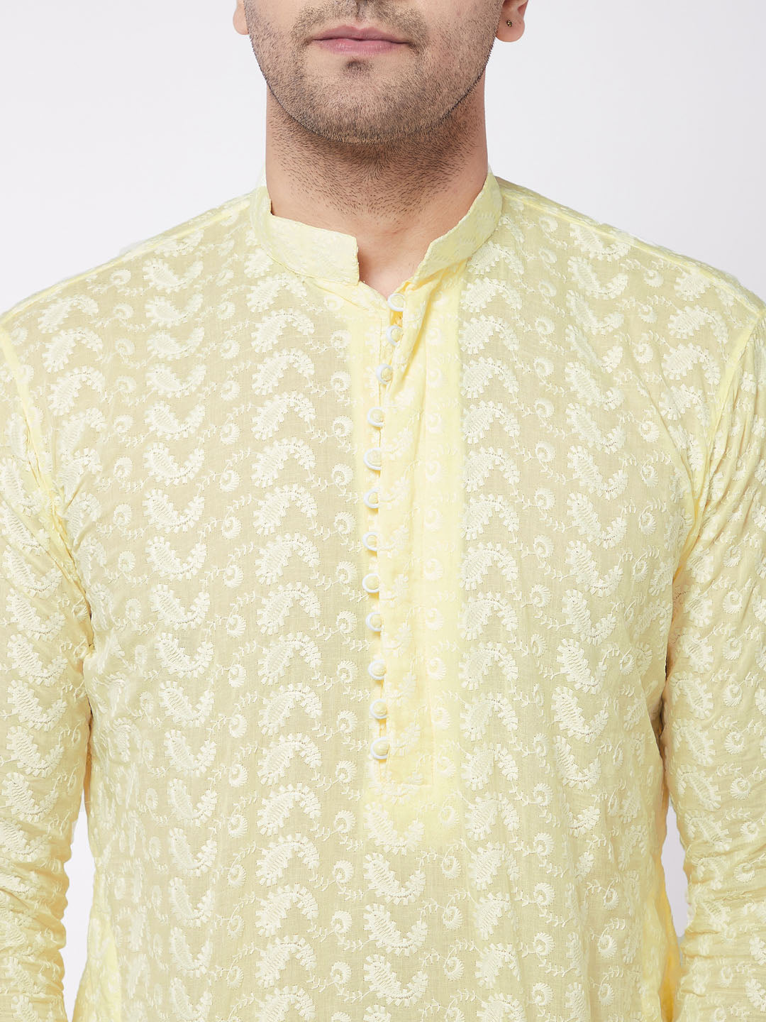 Sarvati Men's Yellow Pure Cotton Chikankari Kurta With Pant Set