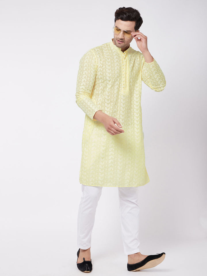 Sarvati Men's Yellow Pure Cotton Chikankari Kurta With Pant Set