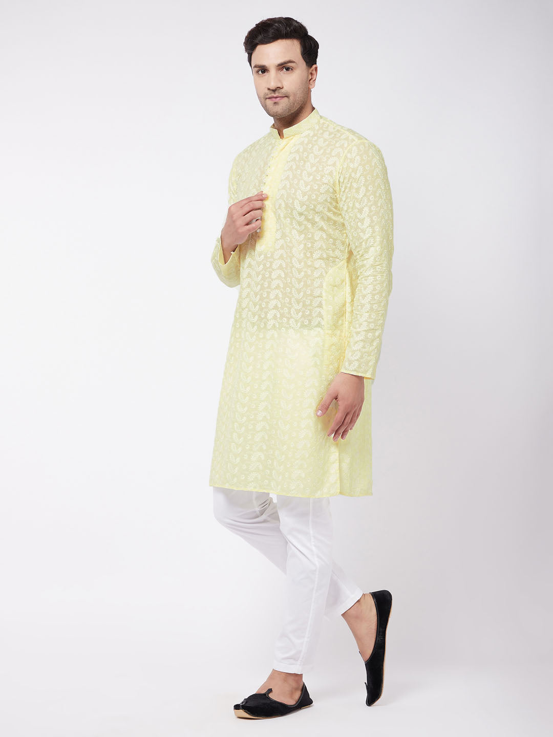 Sarvati Men's Yellow Pure Cotton Chikankari Kurta With Pant set