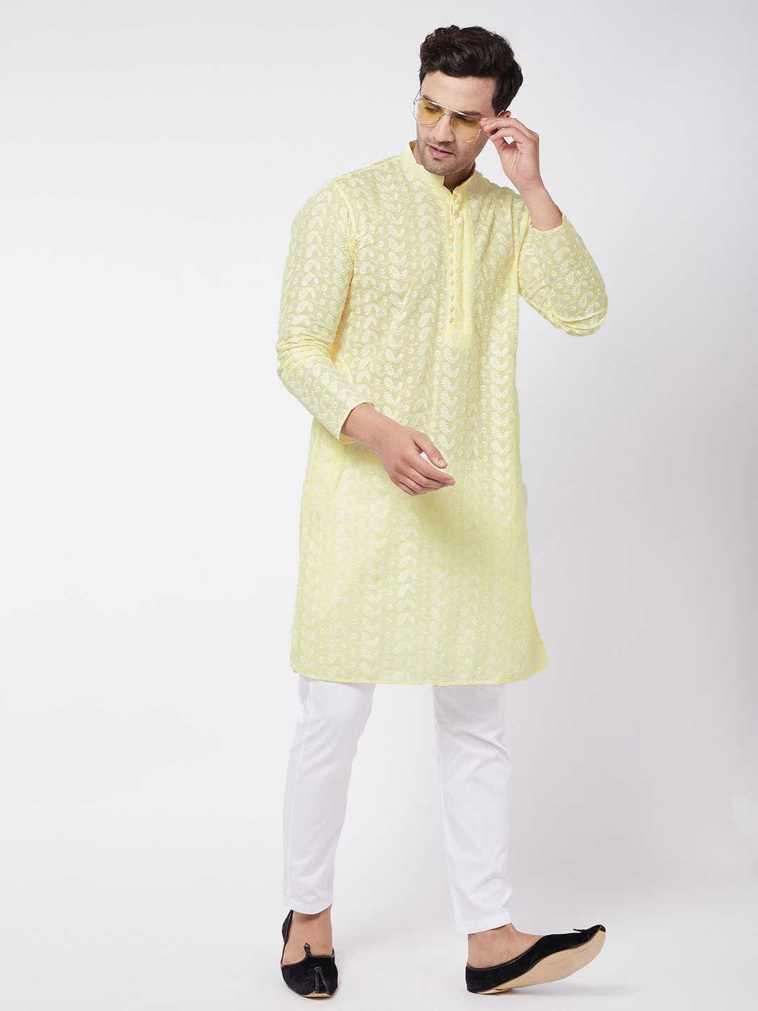 Sarvati Men's Yellow Pure Cotton Chikankari Kurta With Pant set