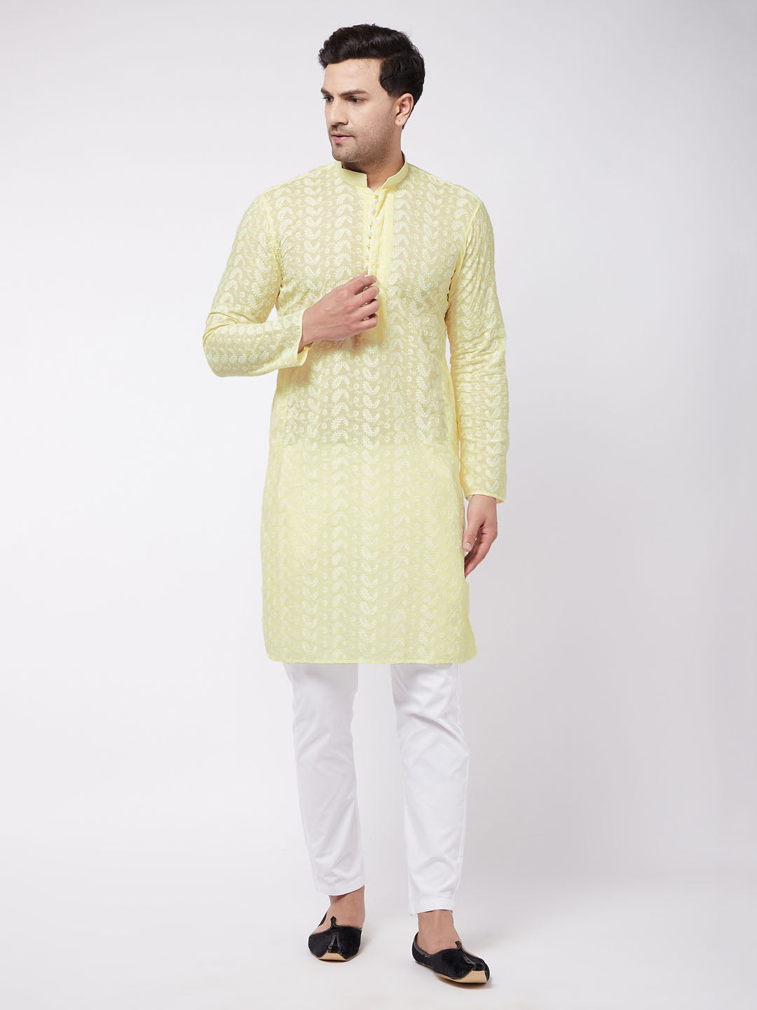 Sarvati Men's Yellow Pure Cotton Chikankari Kurta With Pant set