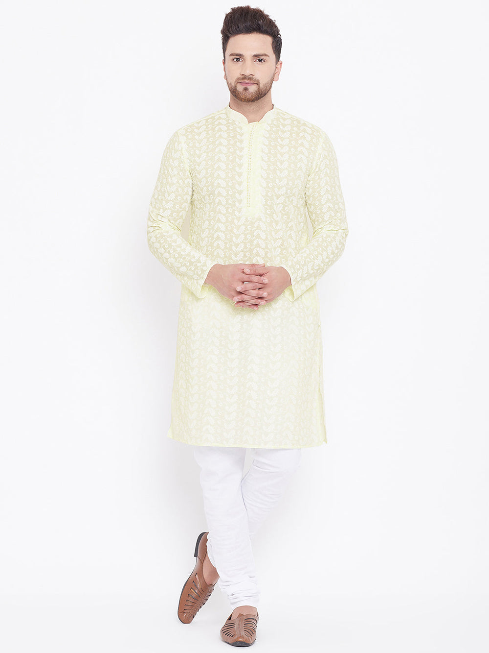 Sarvati Men's Yellow Pure Cotton Chikankari Kurta Pyjama Set